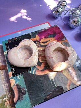 Vintage Heavy Pink Heart Stone Tealight Holders